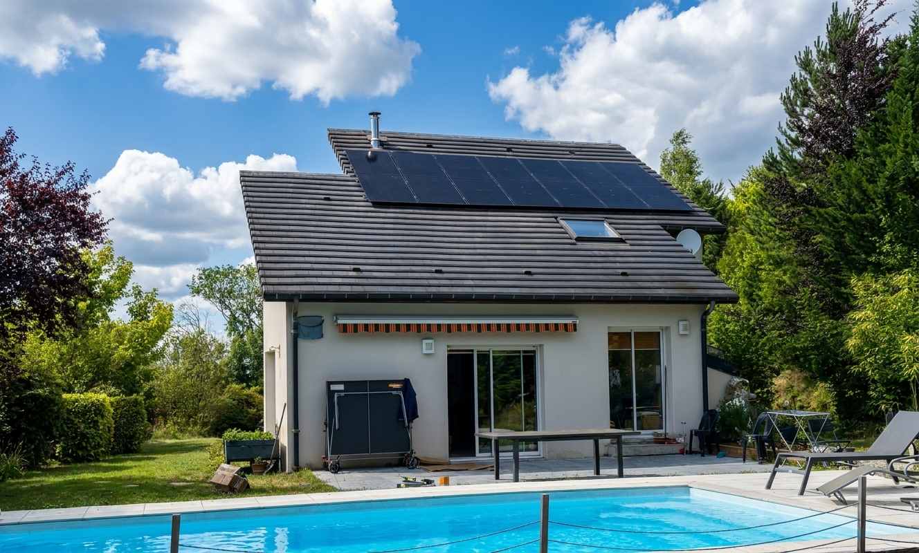 Maison résidentielle Grand Est équipée de panneaux solaires photovoltaïques VDE, installation certifiée RGE QualiPV avec onduleur SolarEdge et compteur intelligent