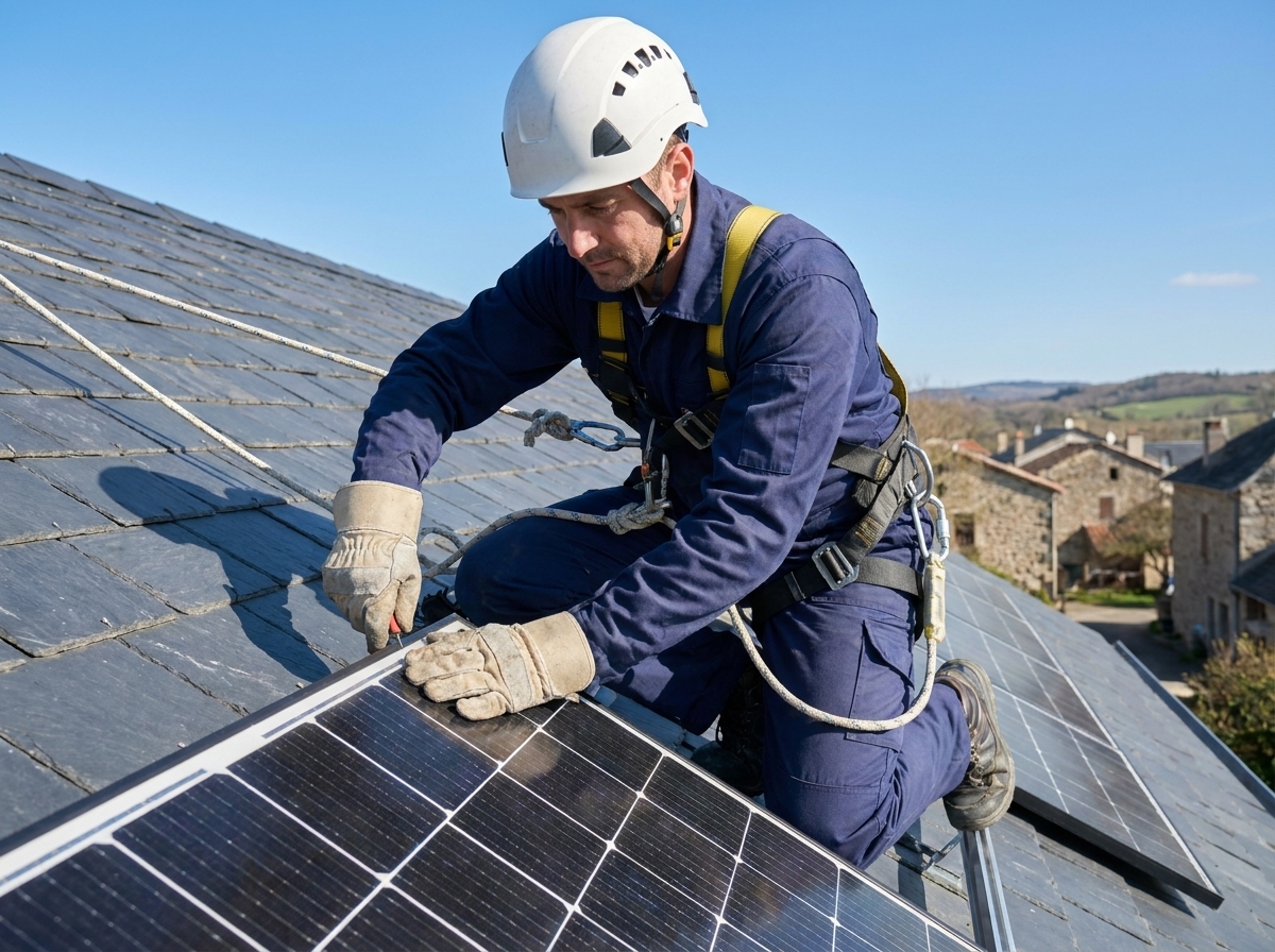 Technicien certifié RGE QualiPV VDE installant des panneaux photovoltaïques sur toiture résidentielle en Grand Est, intervention sécurisée avec EPI complet
