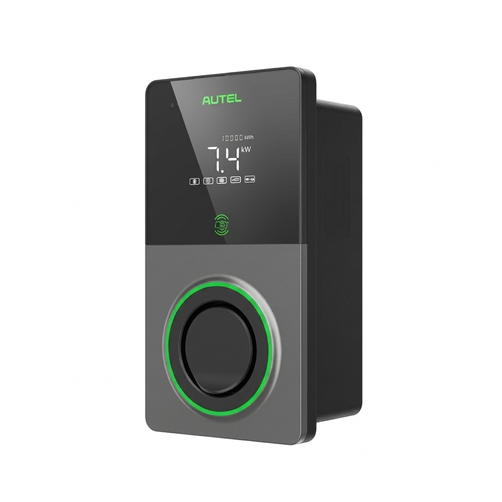 Borne Autel Maxicharger Elite 2 7,4 kW monophasée pour résidentiel, vue de face écran allumé