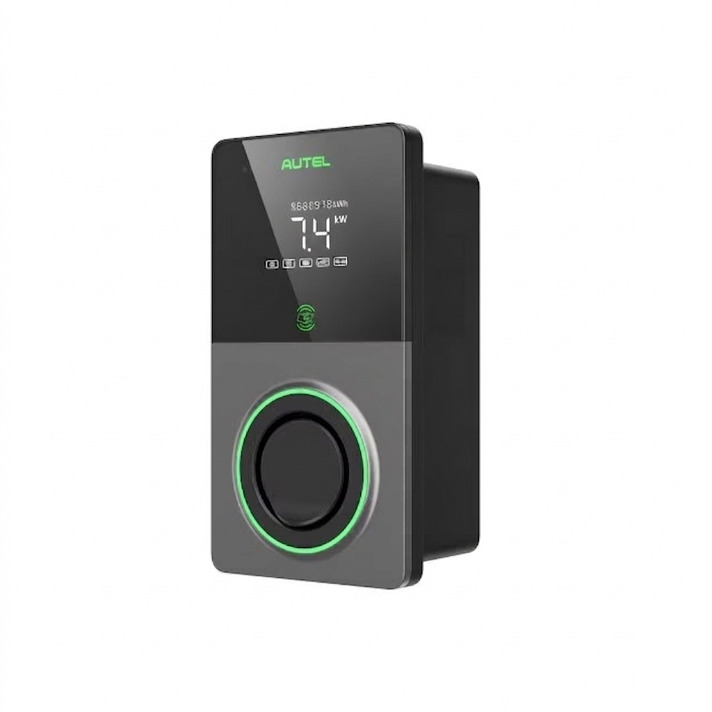 Borne Autel Maxicharger Elite 2 PRO 22 kW triphasée avec compteur MID, vue de face écran allumé