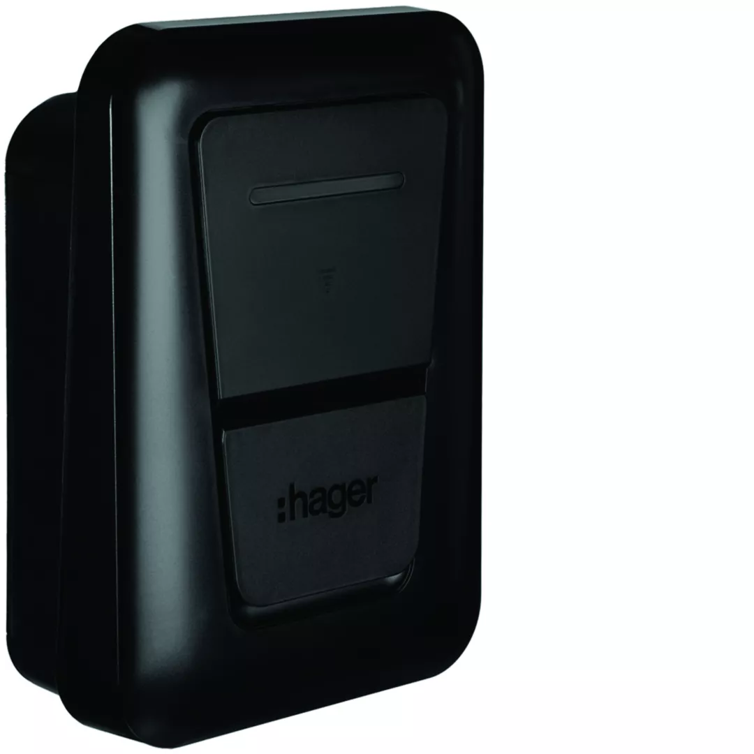 Borne de recharge Hager Witty, design compact, accès par badge RFID, recharge 7 kW monophasé à 11 kW triphasé pour véhicule électrique en résidentiel