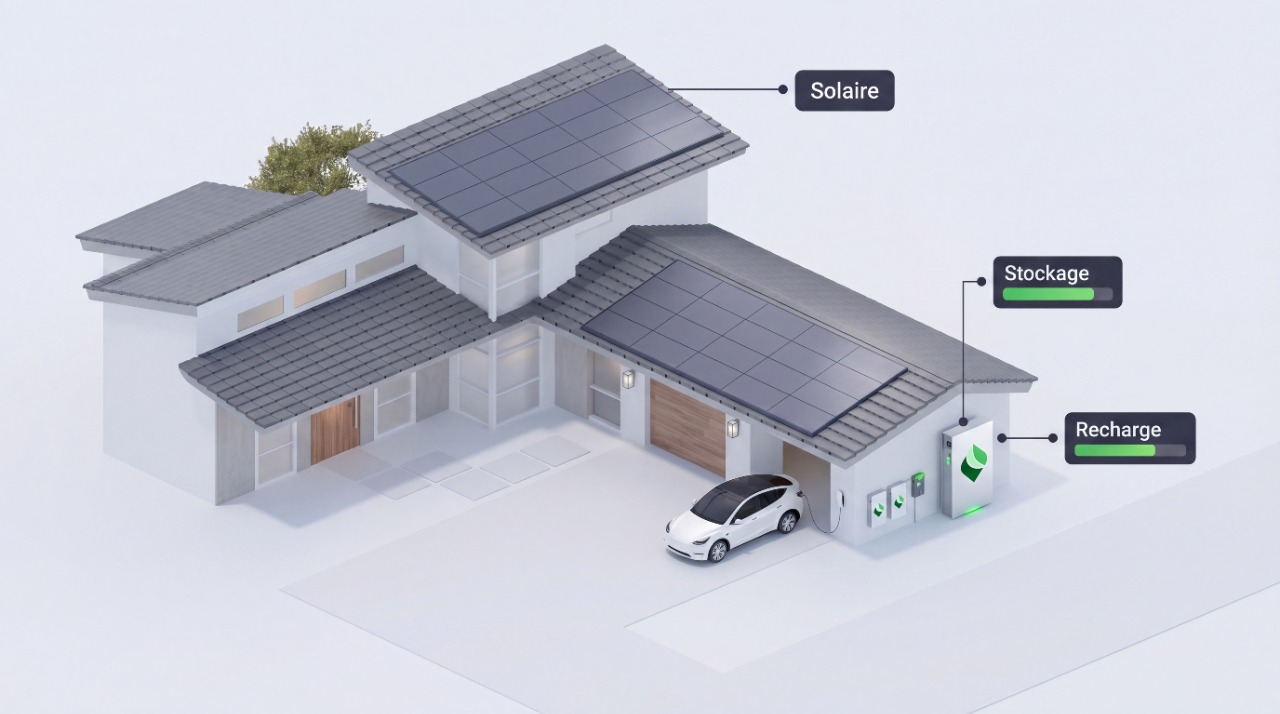 Écosystème énergétique VDE : panneaux solaires, batterie de stockage et borne de recharge installés sur une maison contemporaine