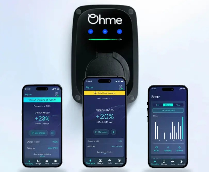 Application mobile Ohme sur 3 smartphones : suivi recharge temps réel, Solar Boost, programmation heures creuses EDF TotalEnergies