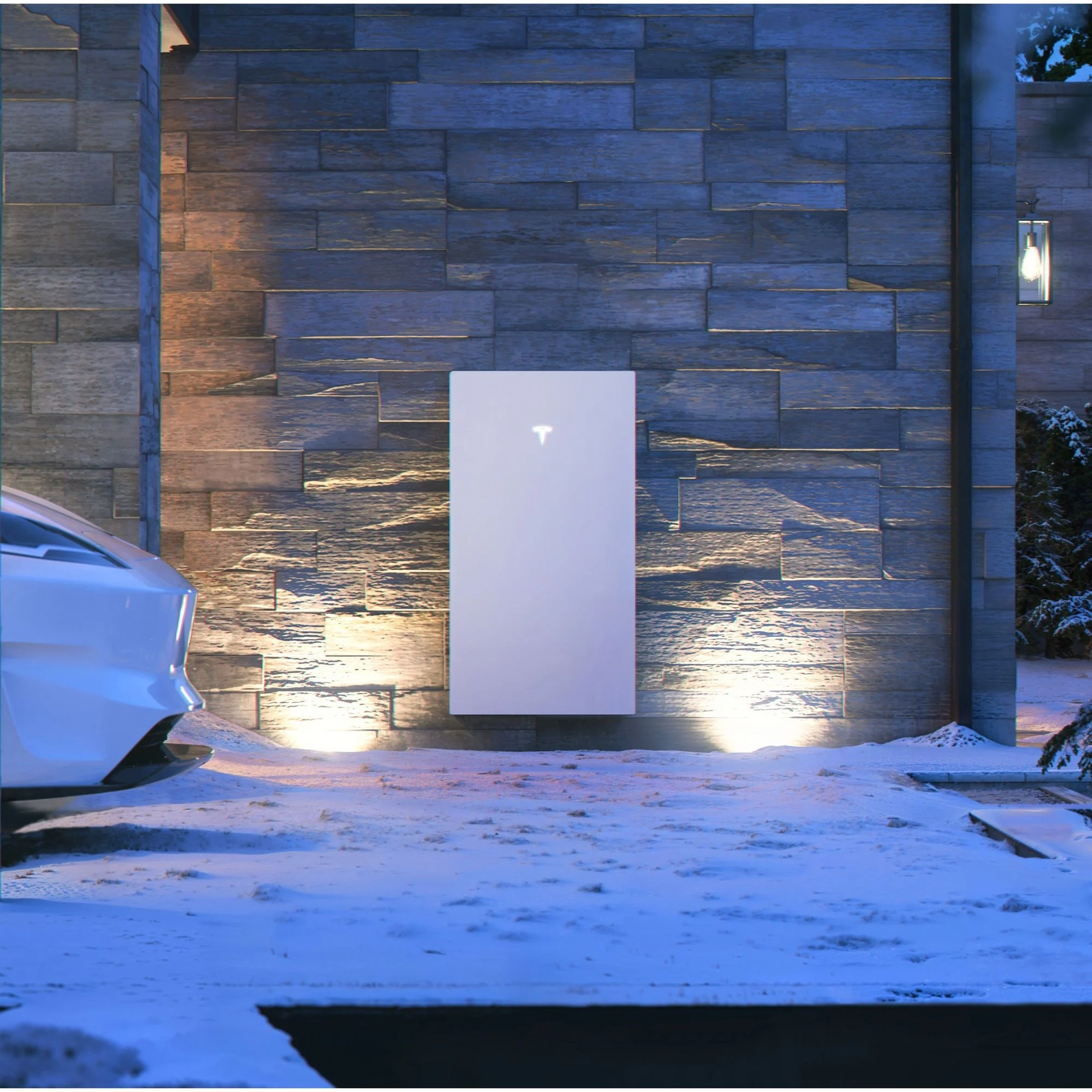 Tesla Powerwall 3 installé dans un garage avec panneaux solaires sur toit et borne de recharge connectée