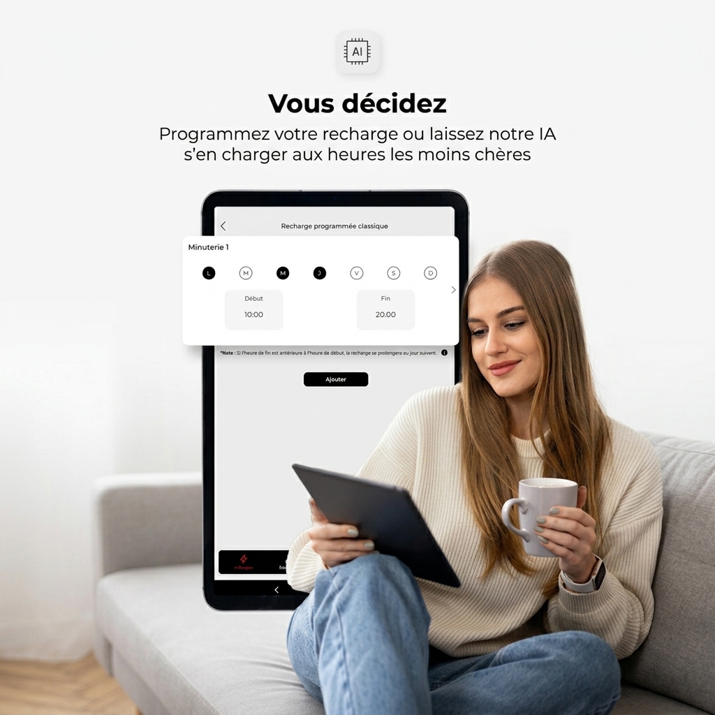 App V2C cloud avec intelligence artificielle pour programmer automatiquement votre recharge aux heures les moins chères, optimisation tarifs heures creuses EDF TotalEnergies