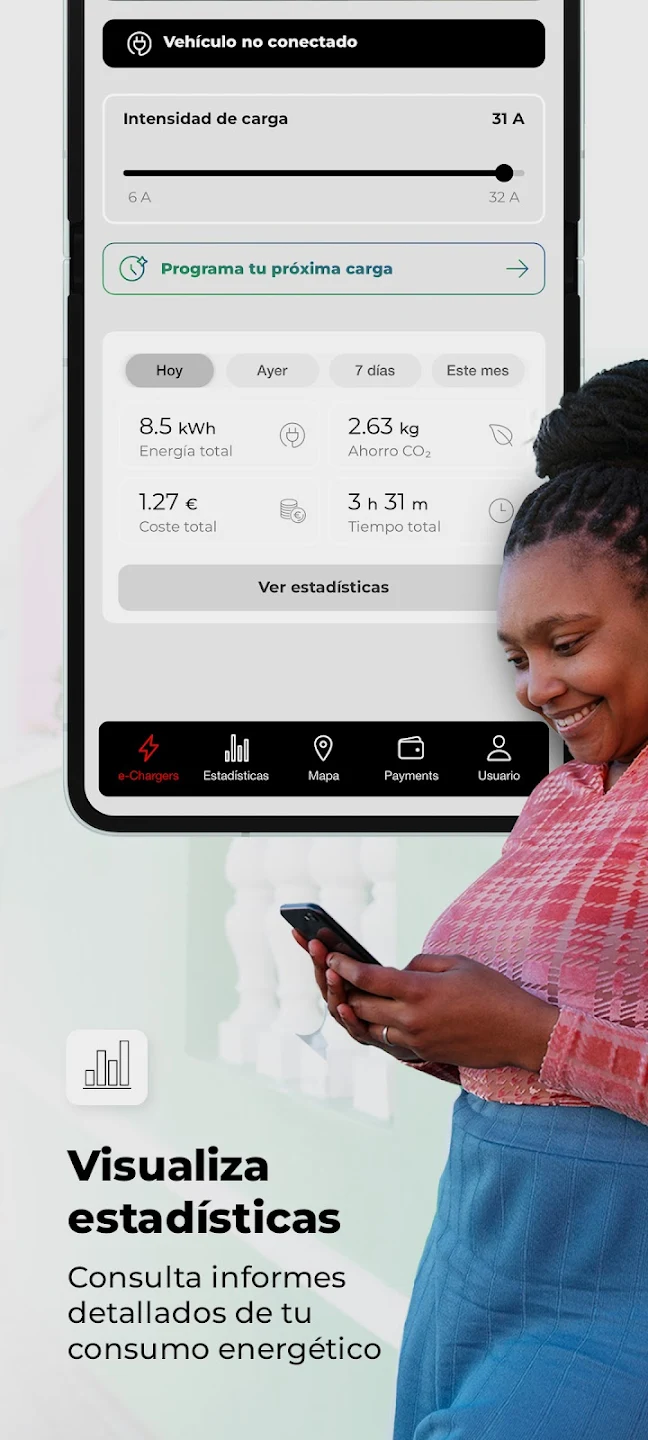 Application V2C cloud affichant les statistiques de recharge en temps réel : énergie consommée, économies CO2, coût total, temps de charge pour votre véhicule électrique
